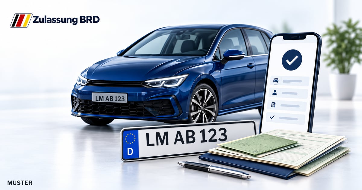 Online Fahrzeugzulassung in Hünfelden: Musterkennzeichen LM AB 123, Auto und Fahrzeugpapiere und Smartphone. Illustration mit Logo von Zulassung BRD.